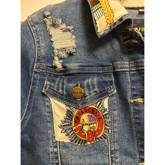Biba Stunning Distressed Denim Jacket with Gold Crest Patches, Size S - Picture 5 of 10